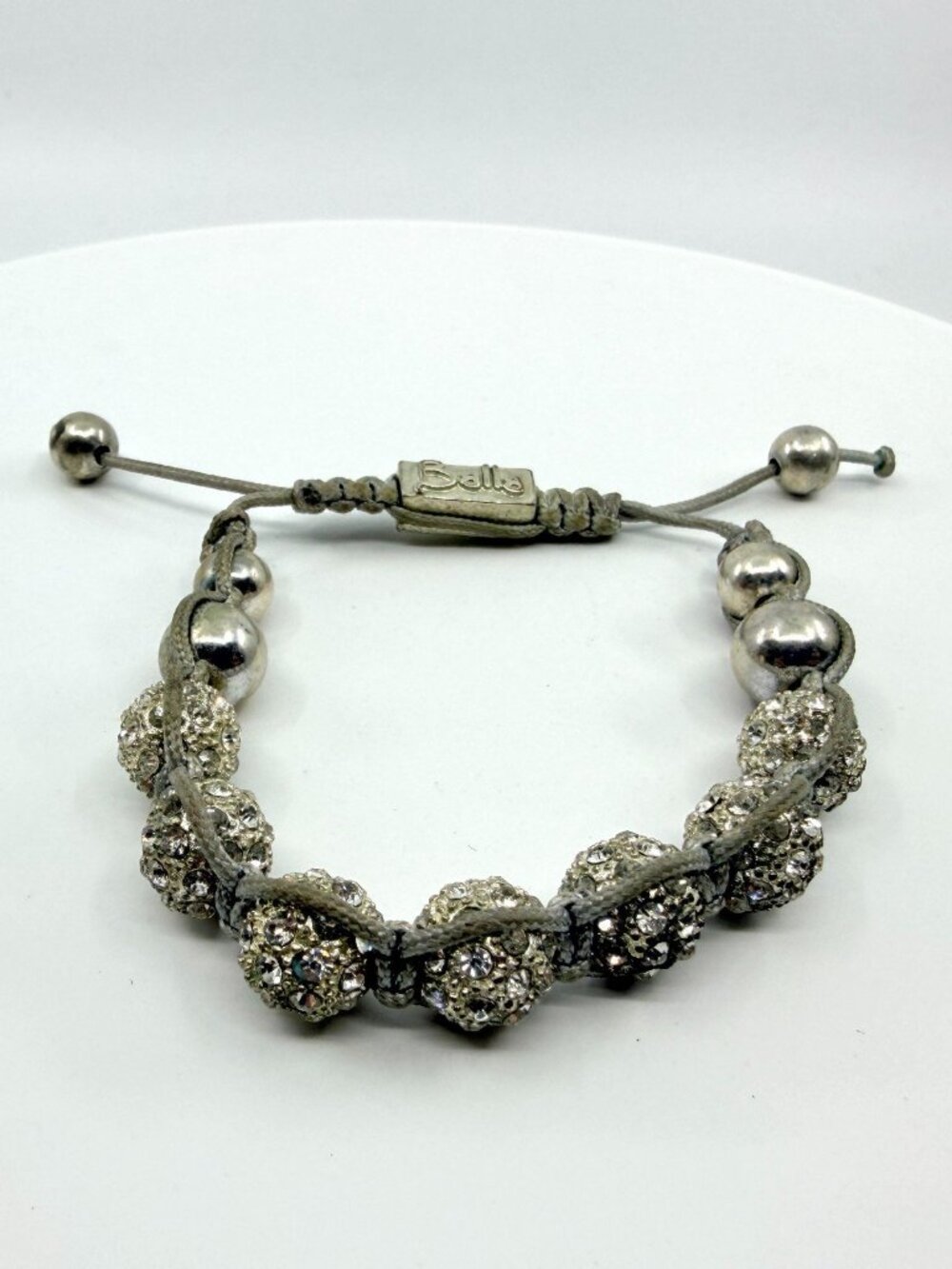 VTG Bella Silver Tone Crystal Pavé Shamballa Macrame Cord Pull String Bracelet